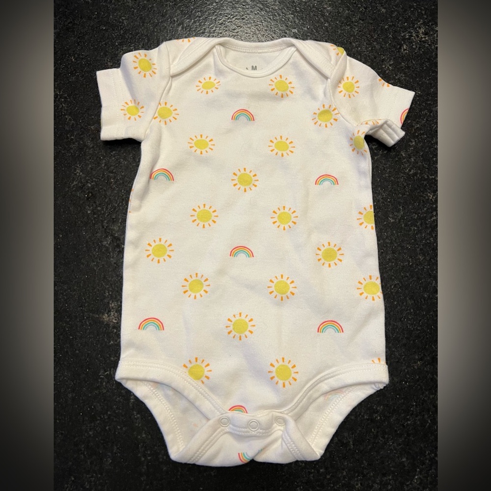 Primary White Baby Bodysuit with Yellow Sun and Rainbow Print